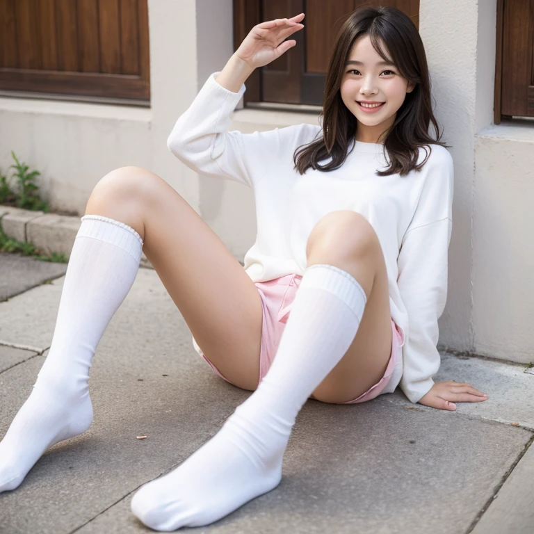 The lovely and brightly smiling girl wearing white socks