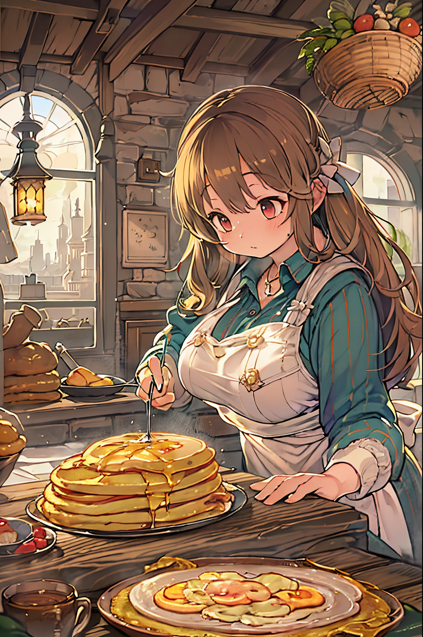 WRC style, Woman, lewd pose, The appearance of a seductive appearance, Apron, kitchin, medieval setting、Eat pancakes、detailed pancakes、pancake、huge-breasted