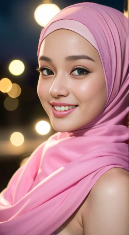 (night scene, close up photo of a sexy naked javanese girl with hijab, posing, look at a camera and smile, pastel hijab, big tit, cute young face, 18 yo, soft volumetric lightacklit:1.3), (cinematic:1.3), intricate details, (ArtStation:1.2),Best quality, high resolution, masterpiece: 1.3), big breasts, slim figure, sweatshirt, beautifully presented details in the street and facial and skin texture, detailed eyes, double eyelids, big eyeschest visible, shirt open