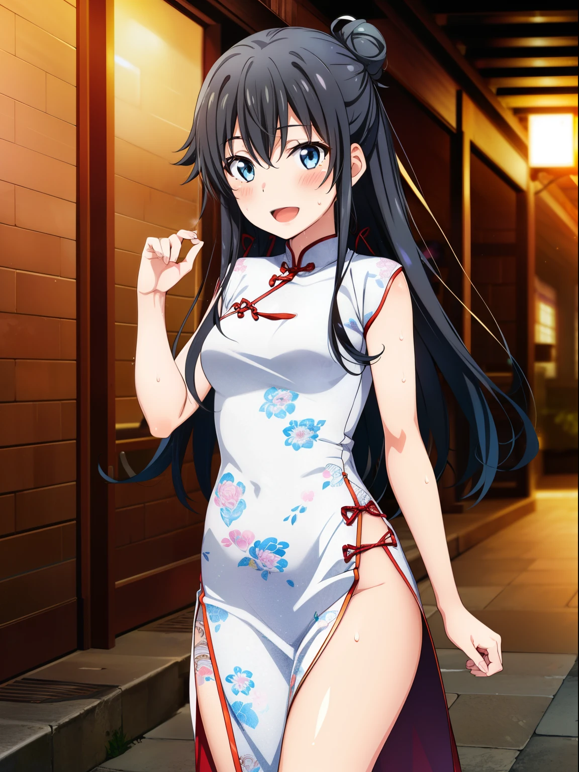 1girl in, Yukinoshita Yukino, 
(Best Quality, hight resolution, 4K, Detailed Lighting, Shaders), 

Smile, Sweat, blush, Open mouth, 
(White cheongsam, Waist slit),  Hair buns,