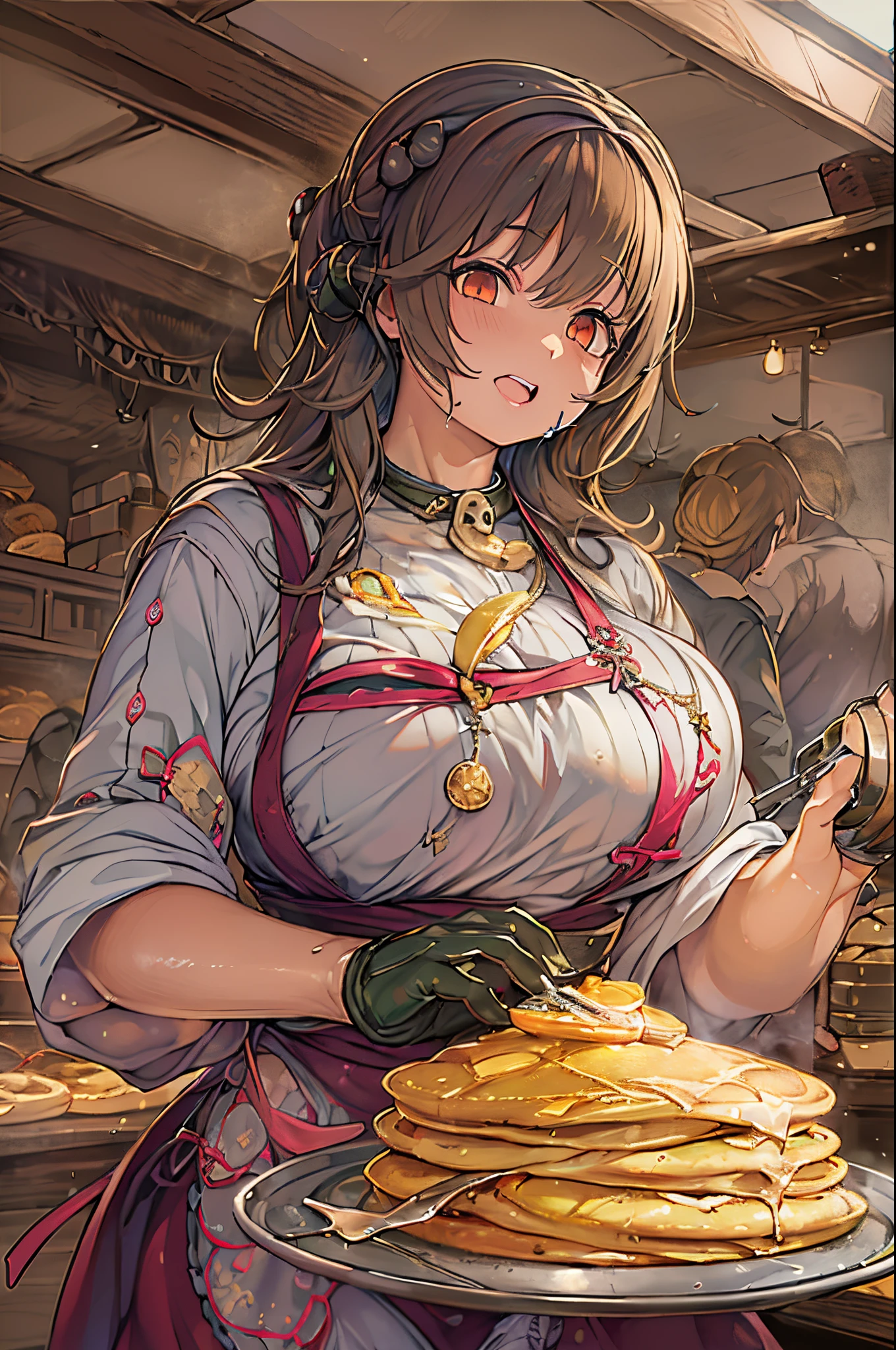 WRC style, Woman, lewd pose, The appearance of a seductive appearance, Apron, kitchin, medieval setting、Eat pancakes、detailed pancakes、pancake、huge-breasted