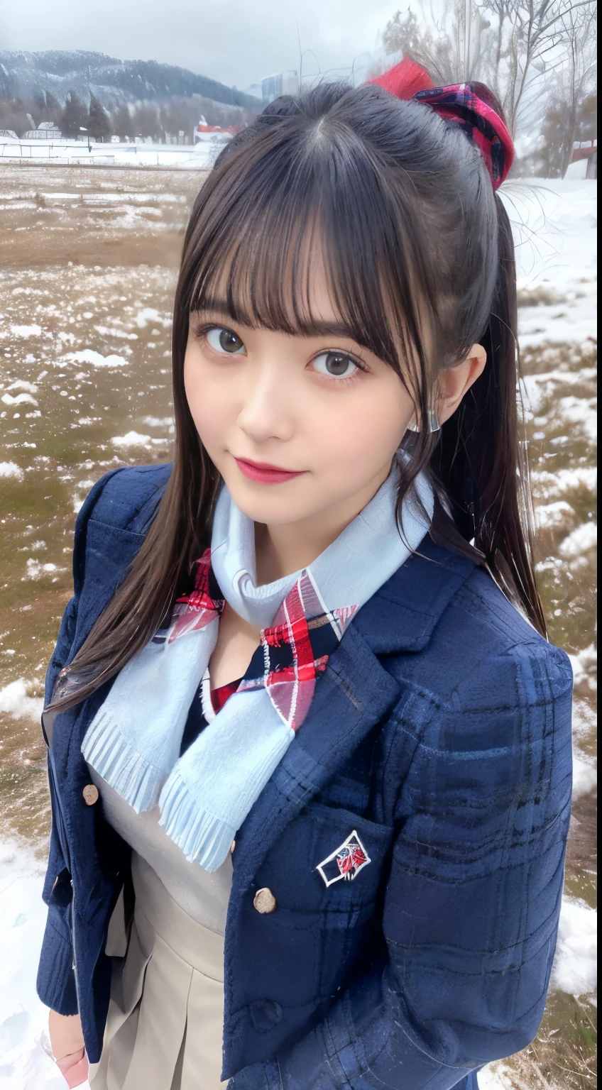 smile, (Portrait ), (upper body), (masterpiece:1.2), best quality, high resolution, detailed eyes, Diamond-Shaped Face, Sharp Chin, black Eyes, medium breasts, extremely detailed face, 1girl, solo, long hair, straight hair, black hair, (blunt bangs:1.3),(red plaid scarf:1.2),(long scarf), white collar shirts, (red ribbon:1),(cardigan:1.1),(dark blue blazer:1.5),(close the front:1.3), (light blue pleats skirt:1.2), plaid skirt, mini skirt, (black over-the-calf socks:1.2), loafers, blush, :D, park, winter, (snow are falling:1.3), (looking at viewer),(snow field:1.2),(lying on snow field:1.3),(from above:1.3)