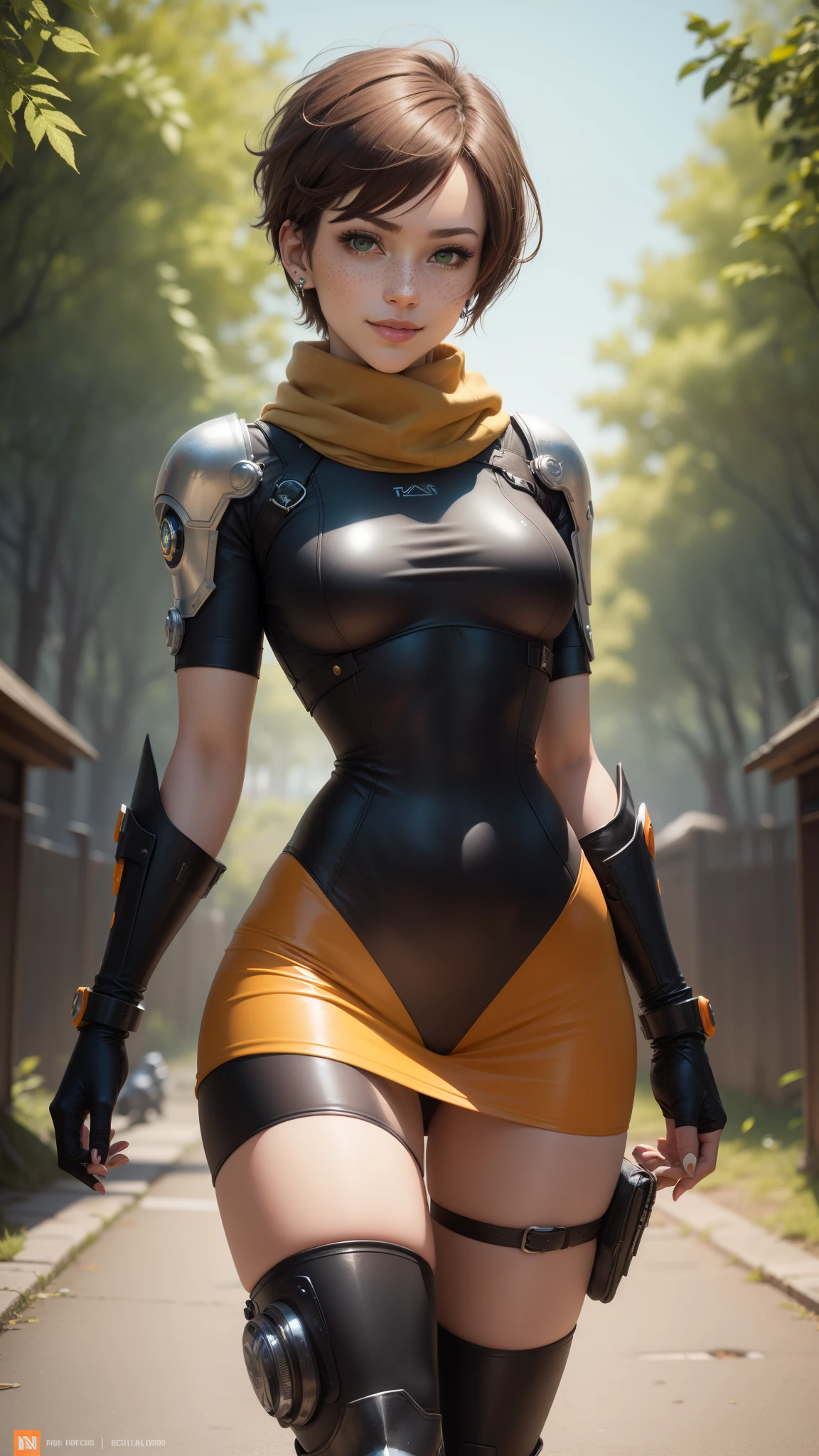 gwen tennyson,yorha 2b,tracer,rebecca chambers,overwatch,nier automata, close up,bamboo forest,tattoos,orange plugsuit,short sleeve pilot top,short sleeve cyborg pilot jacket,white and orange lycra tight skirt,mech pilot leather corset,short hair,punk makeup,green eyes,multicolored silver hair,sexy smile,freckles,beautiful girl,thigh high boots,large breasts,8k,ultra detailed,realistic,fantasy art,steel armor,cyborg armor,tracer armor,military pilot uniform,winter scarf,hair pin,ear piercings,japanese shrines,punk hand and neck jewelry,walking,(weather:wind blowing),arc reactor,1girl,