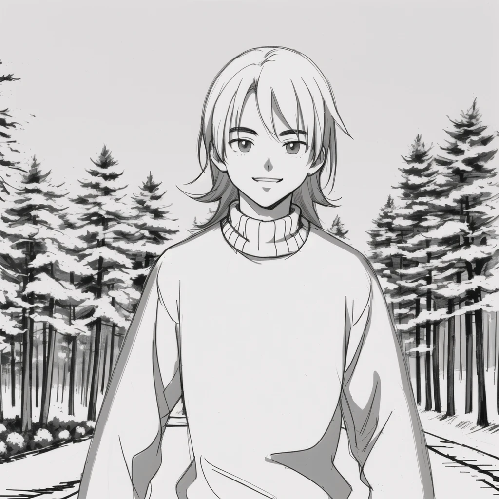 ((Sketch)) ((Manga style)) Plain background. White Bacgkround. B&W. On the road, pine trees walk. Sweater. minimalistic background. a young boy with a long mullet haircut, big lips, and slanted eyes. Winter season, Smile