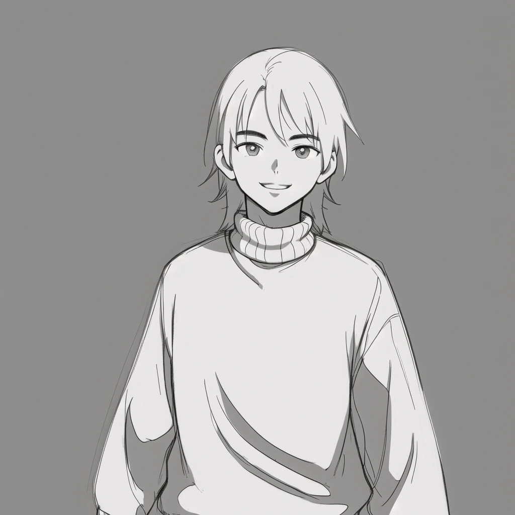 ((Sketch)) ((Manga style)) Plain background. White Bacgkround. B&W. On the road, pine trees walk. Sweater. minimalistic background. a young boy with a long mullet haircut, big lips, and slanted eyes. Winter season, Smile