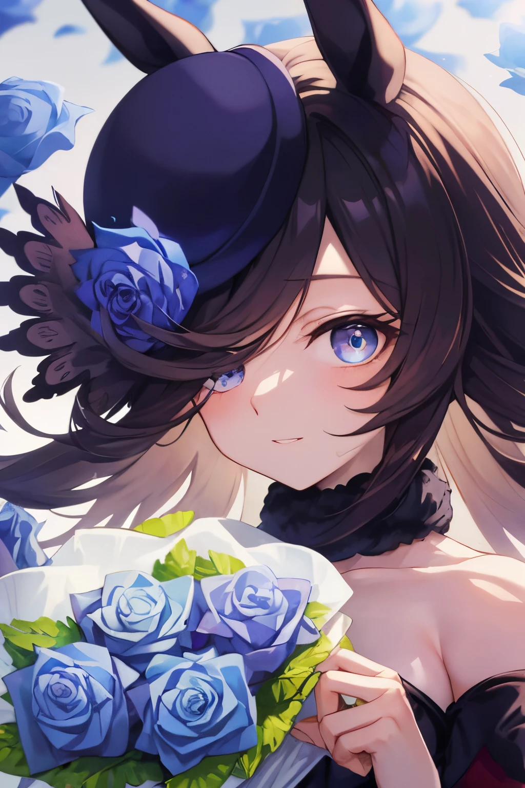 (masutepiece.top-quality).(Dynamic Angle). (Very spectacular detail CG painting),(image perfect)、comic strip.Illustration.1 girl in.Detailed face、face perfect.delicated face、girl in delicate clothes、Textured skin、Black hair.long、(Horse-eared girl)Horse-eared girl、((Beautiful blue eyes)).Delicate and beautiful eyes、Eyes written in detail、Reflected eyes、Watery eyes、smil.(Holding a bouquet of blue roses:1.3).(Blue petals flutter:0.8)、8k wallpaper、cowboy shot、Reflected Light、highestdetailed、Convoluted、Delicate background、Textured skin、Detailed skin、(ultra res)、