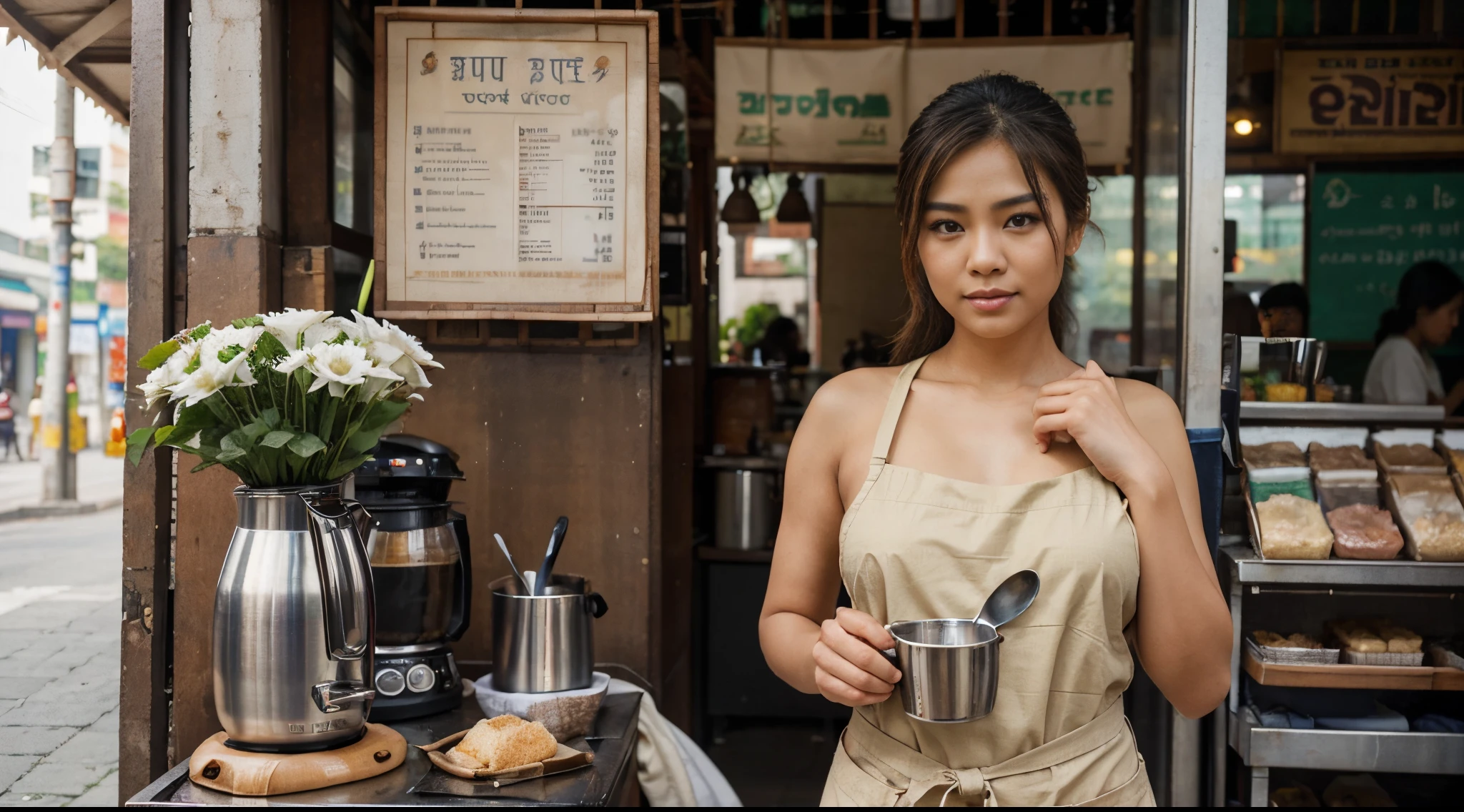 make a sexy and attractive THAI woman using a beige apron, the woman must be alone, holding a coffee strainer made of cloth , she must be at a food stand on the sidewalk, ela deve estar com os cabelos presos e levemente descoloridos, she must have perfect hands, She must present an expression of being impressed