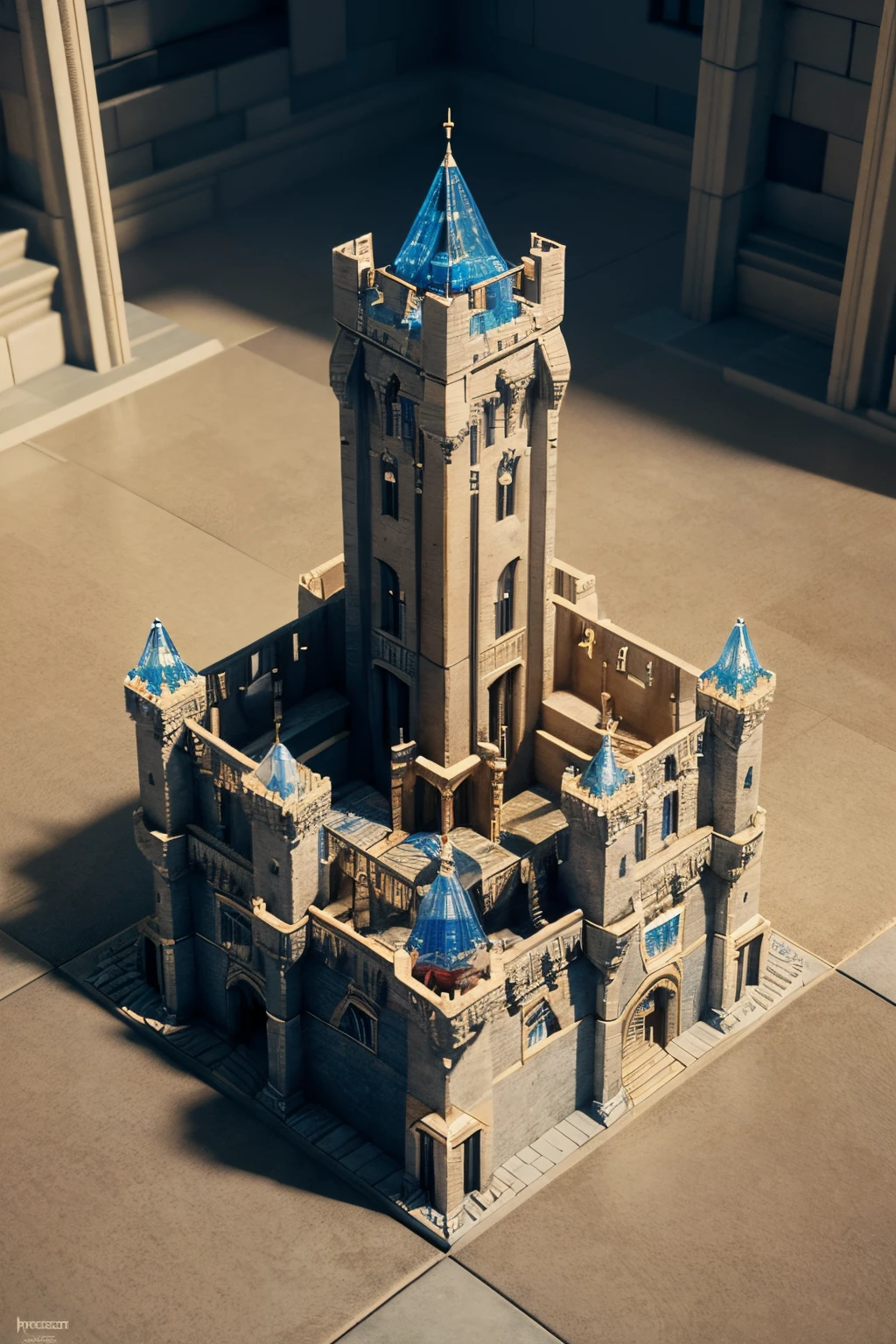Primer plano transparente del castillo,There is a treasure in it, Hay muchas escaleras y mecanismos en el interior,Escalera intrincada,Tesoro brillante,Un castillo construido con bloques,Isometric view of a wizard's tower, Isometric palace, Castillo Cyberpunk, Isometric 3D fantasies....