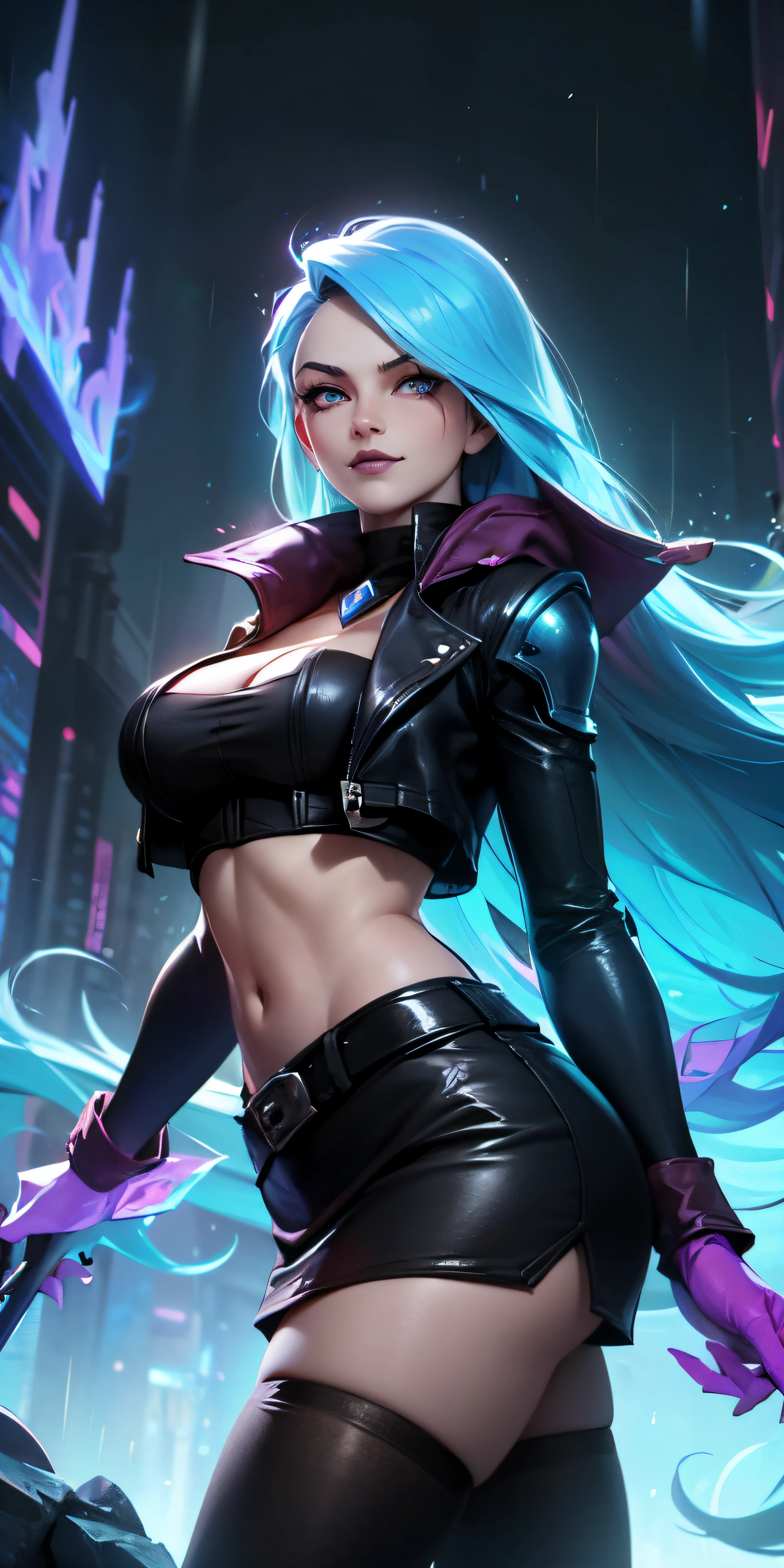 Masterpiece, 8k, detailed face, portrait, 1 girl, ( Death sworn Katarina (league of legends 1.1)) beautiful face, asymmetrical long hair, blue hair, belt, exposed navel, black stockings, very detailed blue eyes, open leather jacket, leather mini skirt, cute smirk, posing back towards camera, looking back at viewer, night city, neon, rainy, full view, cowboy shot,