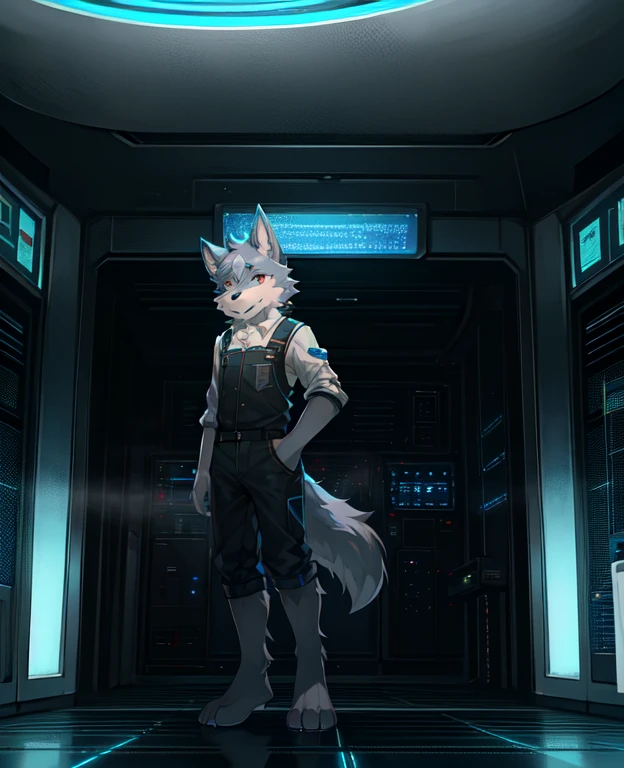 Pupil blue，Overall gray，anthropomorphic wolf，Stand in the control room of the spacecraft，facing to audience，Holographic projection screen in front of you，sci-fy