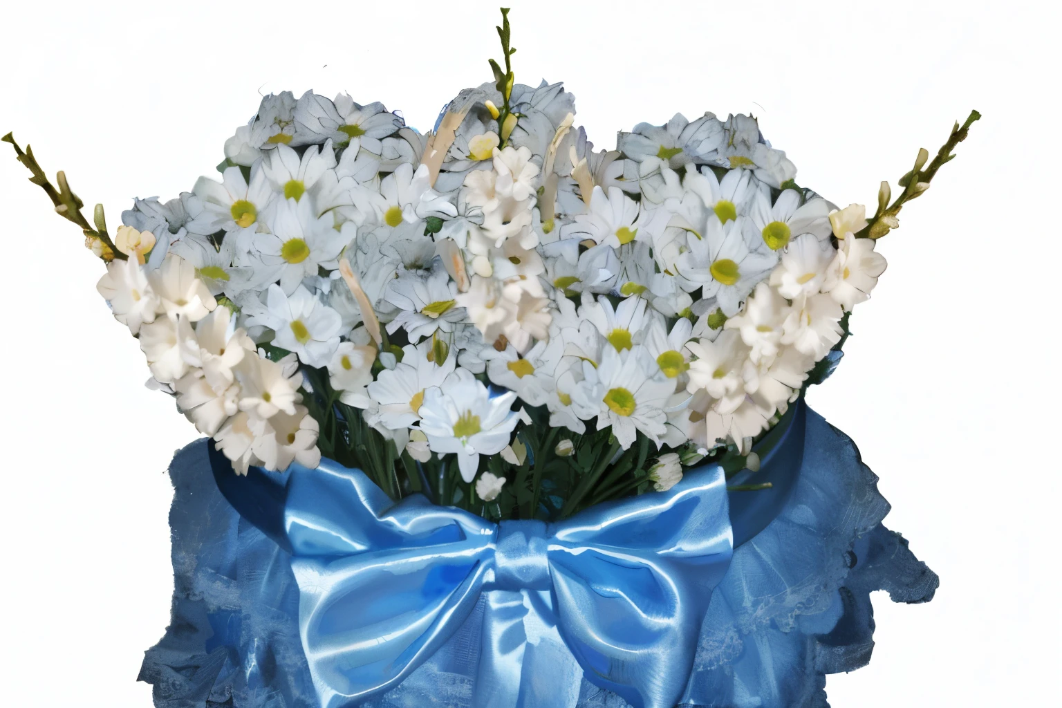 there is a blue bow and white flowers in a basket , chrysanthemum and hyacinth, bouquet, flores brancas, Ramalhetes, ikebana flores brancas, Showpiece, Completo - Ver, centerpiece, Chrysanthemums, flor, centerpiece symmetry, head made of giant daisies, com flores, Brancos, flor branca, cores azuis brancas, cena triste