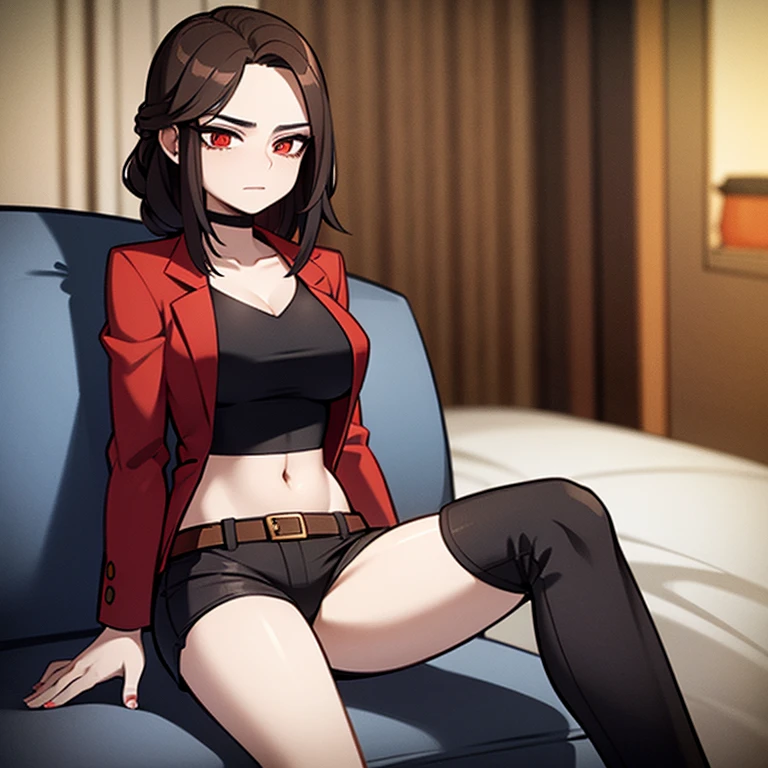 woman, 24 years old, brown hair, shaved on the right side, red eyes, wearing a black blazer, a black shirt, black pants with a long belt, and black and white sneakers, sitting on a sofa in a mansion