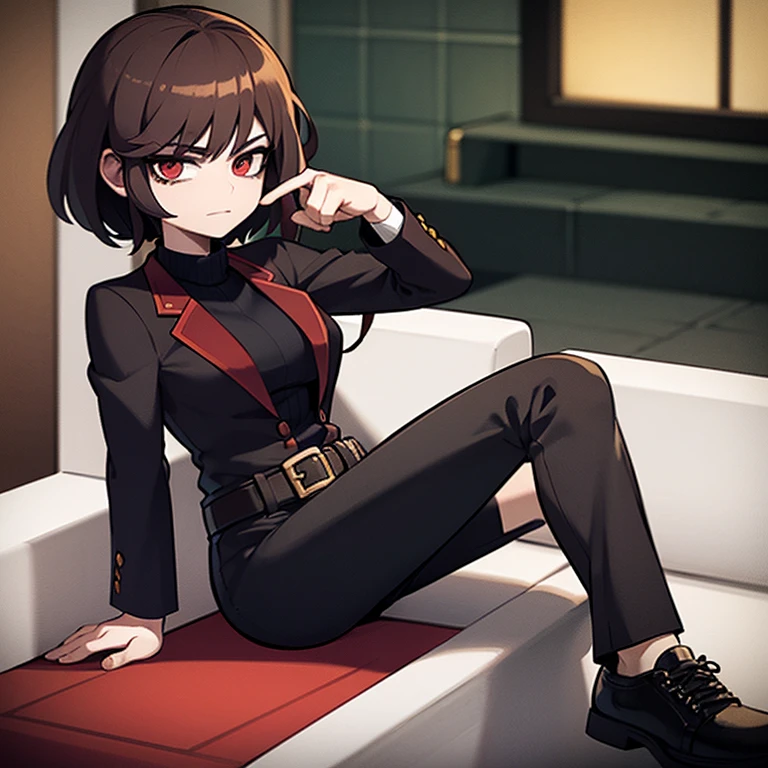 woman, 24 years old, brown hair, shaved on the right side, red eyes, wearing a black blazer, a black shirt, black pants with a long belt, and black and white sneakers, sitting on a sofa in a mansion
