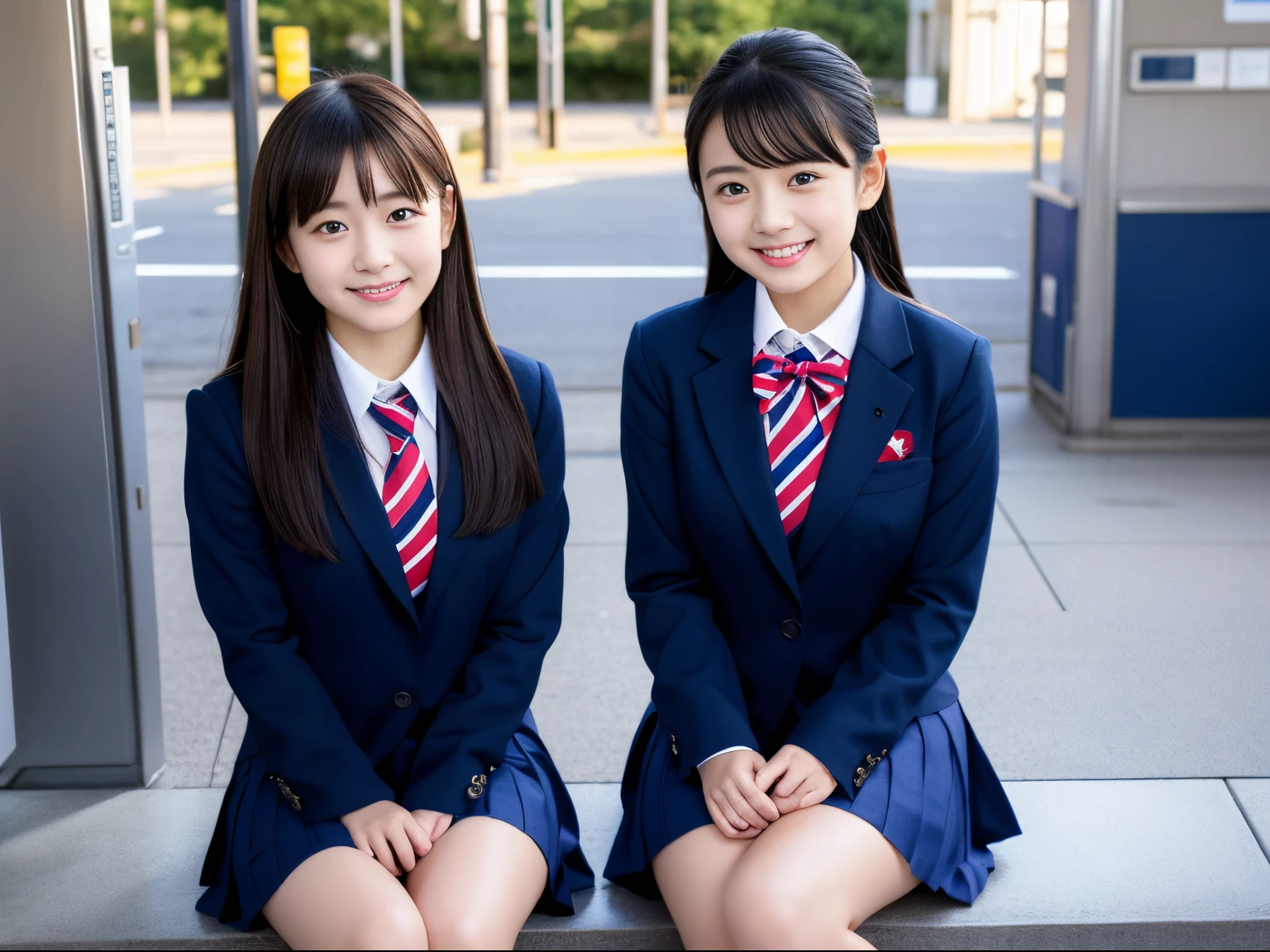 Center view、Arafe asian woman in short skirt and bow tie sitting on train、cute school girl、Japan Girl Uniform、Wearing Japan school uniform、Japan School Uniforms、a hyperrealistic schoolgirl、Dressed as a schoolgirl、a hyperrealistic schoolgirl、Wearing a uniform、Realistic Schoolgirl、Girl in Uniform、Wearing a uniform、Schoolgirl Pose、full body Esbian、Nice skin、glistning skin、lovely thighs、glowing thigh、Shining regare legs , High School in Japan 、乃木坂アイドル、韓国アイドル