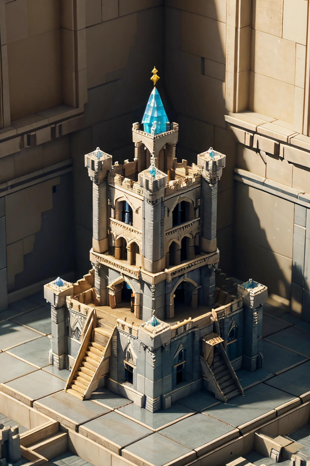 Primer plano transparente del castillo,There is a treasure in it, Hay muchas escaleras y mecanismos en el interior,Escalera intrincada,Tesoro brillante,Un castillo construido con bloques,Isometric view of a wizard's tower, Isometric palace, Castillo Cyberpunk, Isometric 3D fantasies....