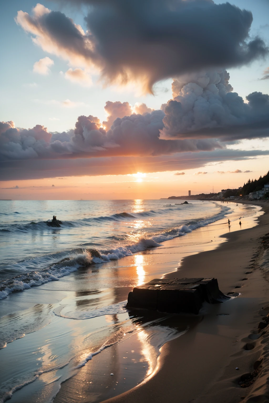 the sunset，sea surface，sandbeach，bonfires