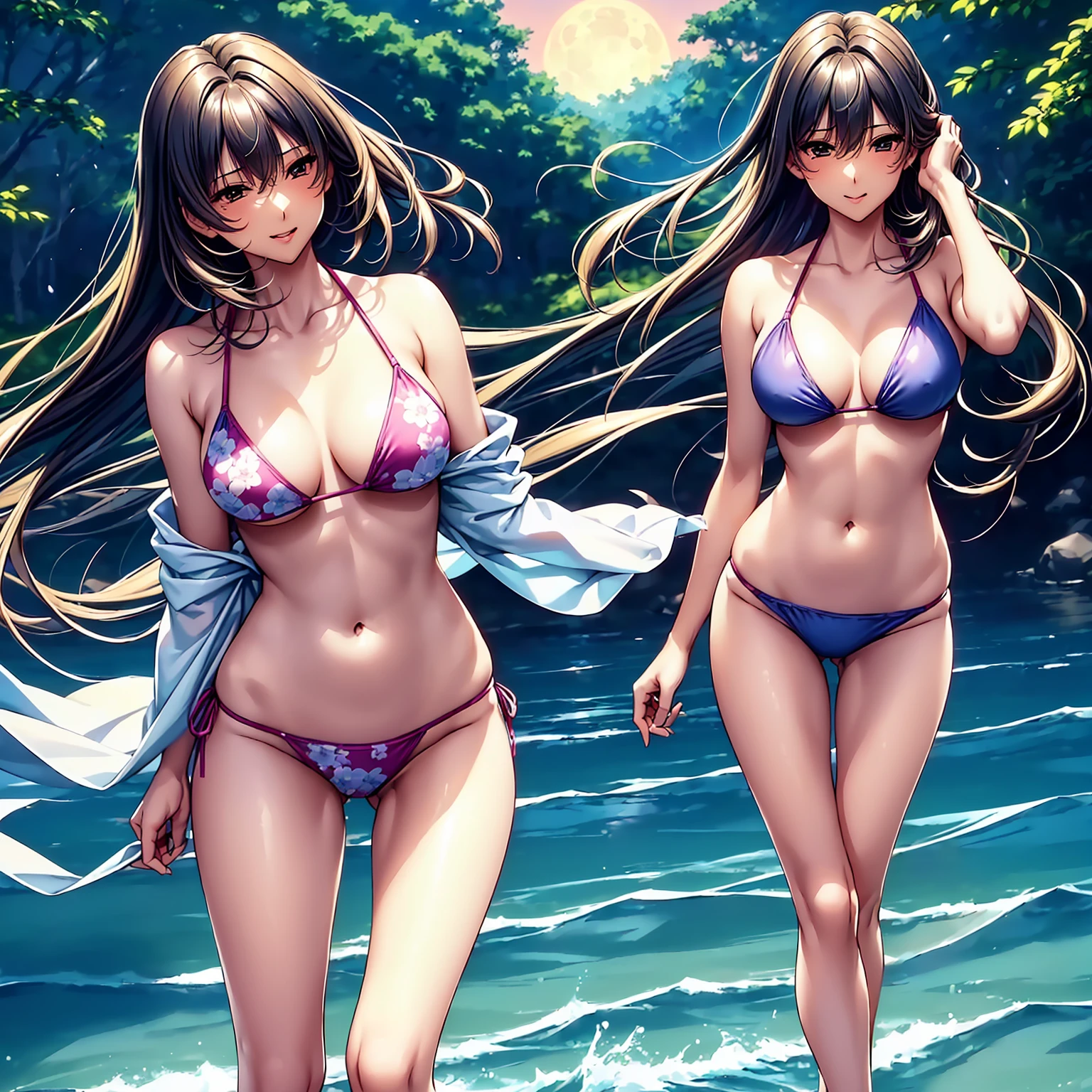 (top quality picture、masterpiece level、very high res、超A high resolution,High quality detailing)、(A 24-year-old beautiful girl with perfect and ultimate beauty..,beautiful breasts and figure,Beautiful body,美丽的面容,Strong-willed eyes:1.5)、(There are many variations of hairstyles,Bangs are neatly arranged,long straight hair on the side,Beautiful hair:1.2),lifelike textures,Beautiful colors,(Wearing a beautiful colored bikini swimsuit,Brightly colored bikini swimsuit,Wear a bikini swimsuit with beautiful colors and patterns,Wear bikini swimsuits with beautiful colors and patterns:1.2),Have a bright smile,line of sight,Mouth opens,(The wind is blowing,Hair flutters under the influence of the wind:1.2),fantastic night sky and moon,Outdoor pool,Night Pool,(The whole body,accurate anatomy、extremely detailed picture、Accurate images、Perfect Image 1.5)、beautiful anime woman, Beautiful Art Style, an animated character、(The whole picture、Detailed picture、Defect-free images、natural soft light、beautiful image),(Best Shot 1.2)