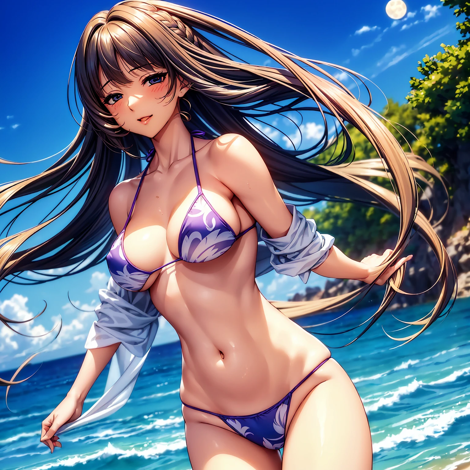 (top quality picture、masterpiece level、very high res、超A high resolution,High quality detailing)、(A 24-year-old beautiful girl with perfect and ultimate beauty..,beautiful breasts and figure,Beautiful body,美丽的面容,Strong-willed eyes:1.5)、(There are many variations of hairstyles,Bangs are neatly arranged,long straight hair on the side,Beautiful hair:1.2),lifelike textures,Beautiful colors,(Wearing a beautiful colored bikini swimsuit,Brightly colored bikini swimsuit,Wear a bikini swimsuit with beautiful colors and patterns,Wear bikini swimsuits with beautiful colors and patterns:1.2),Have a bright smile,line of sight,Mouth opens,(The wind is blowing,Hair flutters under the influence of the wind:1.2),fantastic night sky and moon,Outdoor pool,Night Pool,(The whole body,accurate anatomy、extremely detailed picture、Accurate images、Perfect Image 1.5)、beautiful anime woman, Beautiful Art Style, an animated character、(The whole picture、Detailed picture、Defect-free images、natural soft light、beautiful image),(Best Shot 1.2)