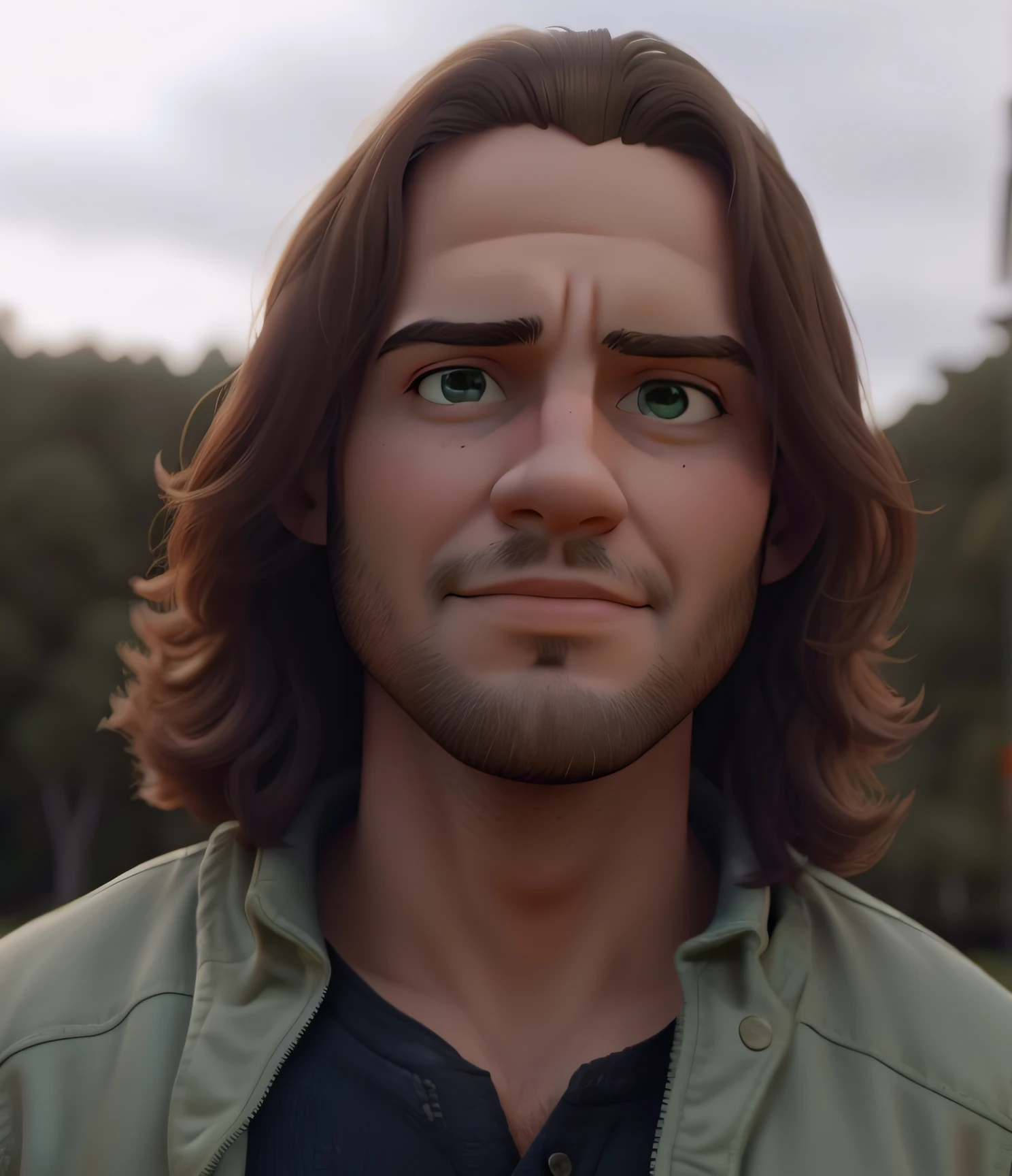 Homem com cabelos longos e barba usando uma jaqueta verde, Aaron Sims, River in front of you, Jack Baker de Resident Evil 7, taken in the early 2020s, caleb from critical role, Forrest em segundo plano, Russel Dauterman, kane do comando | & conquistar, Heath Clifford, promo ainda, Mateus Guilherme, Foto comercial