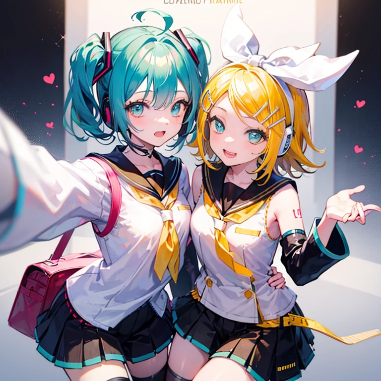 Best Quality, super precision, 2 girls in, (kagamine_Rin),miku hatsune, Green eyes, Cute, Short hair, White hair ribbon, hair clips, head phone, a blond, Sailor Uniform, black short pants, Belt bag, Yellow neckerchief, Sleeveless, Smile, High school , Your sister, NSFW,Selfie,masturbation,Girls trembling at sexual climax,