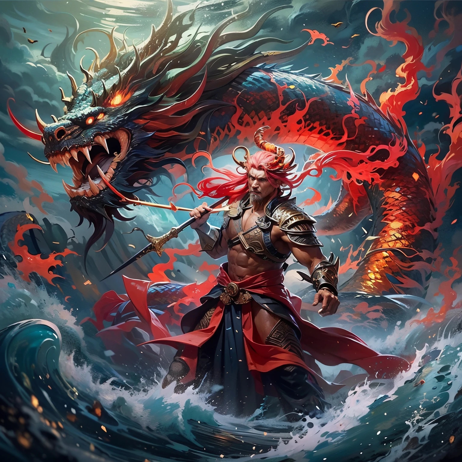 （tmasterpiece），（best qualtiy），8K，high detal，Hyper-detailing，The legendary Nezha ravaged the sea，Brave the rough sea，A thrilling scene that challenges the Wrath of the Dragon King。nezha，fearless warrior，There  a fiery red hair，Stand on rough water，His burning wheels illuminate the darkness。When he wields a sacred weapon，When engaged in fierce battles with ferocious sea creatures，Lightning crackled around him。The ocean  turbulent，The waves are rough，Colorful fish and mythical creatures witness an epic confrontation between good and evil。