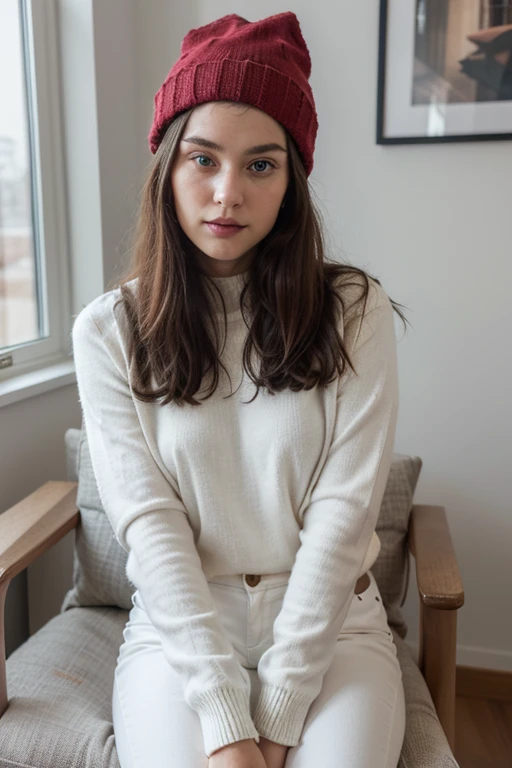 ((best quality)), ((masterpiece)), (detailed), perfect face ((best quality)), ((masterpiece)), (detailed), perfect face A 26-year-old woman with black hair, medium-blue eyes resembling those of Europeans, and medium lips. She elegantly dressed in a beautiful black sweater with a red winter hat. Additionally, she wears white pants, sitting in a chair in her home