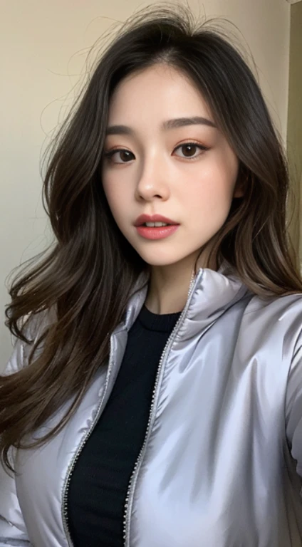 A woman with the same face as last time,Slender Abs、Loose wavy styling、Down jacket、、Beautifully expressed in every detail., Including face and skin texture.,Detailed eyes,Seducting look、full body Esbian