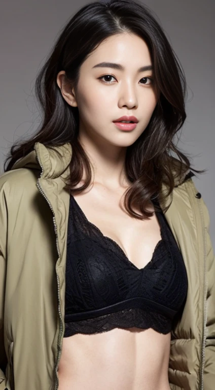 A woman with the same face as last time，Slender Abs、Loose wavy styling、Down jacket、、Beautifully expressed in every detail., Including face and skin texture.，Detailed eyes，Seducting look、full body Esbian