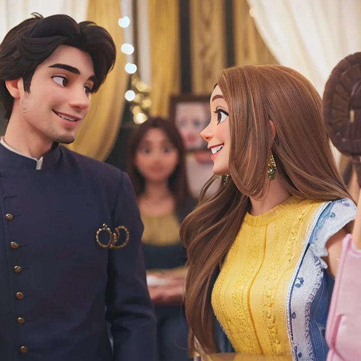 Masterpiece, highly detailed, best quality, 4k of the attached picture * ( a woman and a man looking and smiling at each other)