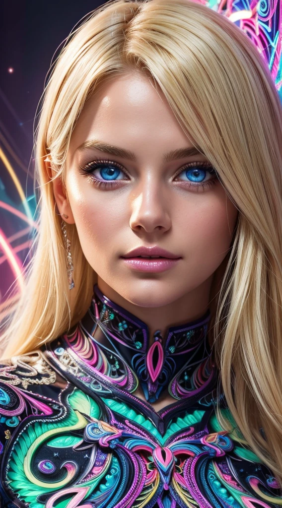 Masterpiece, Top Quality, Best Quality, Official Art, Beautiful and aesthetic:1.2), (1Girl:1.3), Extremely detailed,(fractal art:1.1)neons,(colourfull:1.1)neonlowers:1.3)neons,highest details,(zentangle:1.2)neons, (Dynamic Pose), (abstract background:1.3) neons, (sparkly skin), (many colors:1.4)neoneathered:1.5), neon lit, blonde hairs, Blonde hair, Blue Eyes, beautidful eyes, extremely detailed eyes and face, Beautiful detailed eyes, Ultra-detailed, light on the face, Fair skin, neon lit,
