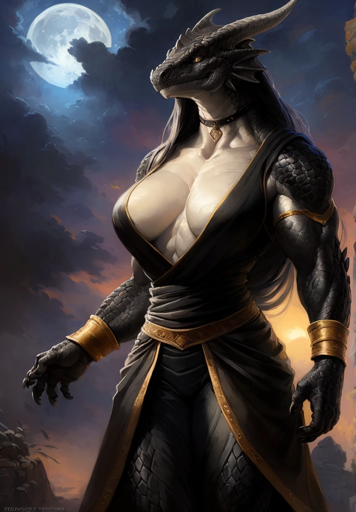 Dragon girl, big chest, day, sexy, sensual, detailed, uploaded to e621, beautiful and detailed portrait of an powerful anthropomorphic dragon ((female))) kenket, ross tran, ruan jia, uploaded to e621, zaush, foxovh, scalie, silver scalie, movie lighting, standing, moon lights, open legs, long hair, muscular, large breats, epic realism, Black skin, Large neckline, (masterpiece, best quality:1.2), choker, tunic, black cloak, formal, White suit, muscular female, Shirt, suit, ((dark scales)), Black scales, Defense armband,