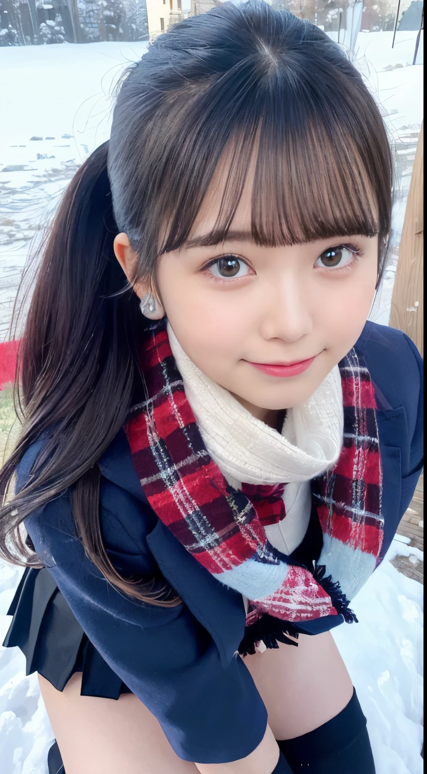 smile, (Portrait ), (upper body), (masterpiece:1.2), best quality, high resolution, detailed eyes, Diamond-Shaped Face, Sharp Chin, black Eyes, medium breasts, extremely detailed face, 1girl, solo, long hair, straight hair, black hair, (blunt bangs:1.3),(red plaid scarf:1.2),(long scarf), white collar shirts, (red ribbon:1),(cardigan:1.1),(dark blue blazer:1.5),(close the front:1.3), (light blue pleats skirt:1.2), plaid skirt, mini skirt, (black over-the-calf socks:1.2), loafers, blush, :D, park, winter, (snow are falling:1.3), (looking at viewer),(snow field:1.2),(lying on snow field:1.3),(from above:1.3)