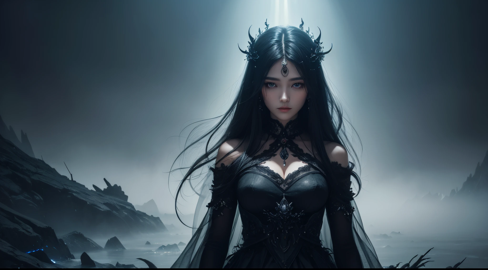 8K, tmasterpiece, In a mysterious and enchanting world, dark fog envelops the scene, as if hiding something deep. Among this fog, the figure of a woman with flowing black-silver hair and eyes appears, shimmering with otherworldly light. The image conveys her tenderness, but a powerful presence., her ethereal beauty contrasts with the darkness surrounding her. The foggy atmosphere gives the work of art mystery and fabulousness.., giving it an almost surreal look. a painting, skillfully executed, showcases intricate detail and vibrant colors, that bring the scene to life. He invites us into a fascinating world, where memories are shrouded in layers of uncertainty., Waiting for the solution.