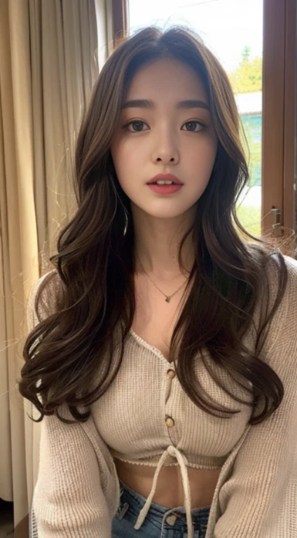 A woman with the same face as last time,Slender Abs、Loose wavy styling、blouse、Beautifully expressed in every detail., Including face and skin texture.,Detailed eyes,Seducting look、full body Esbian