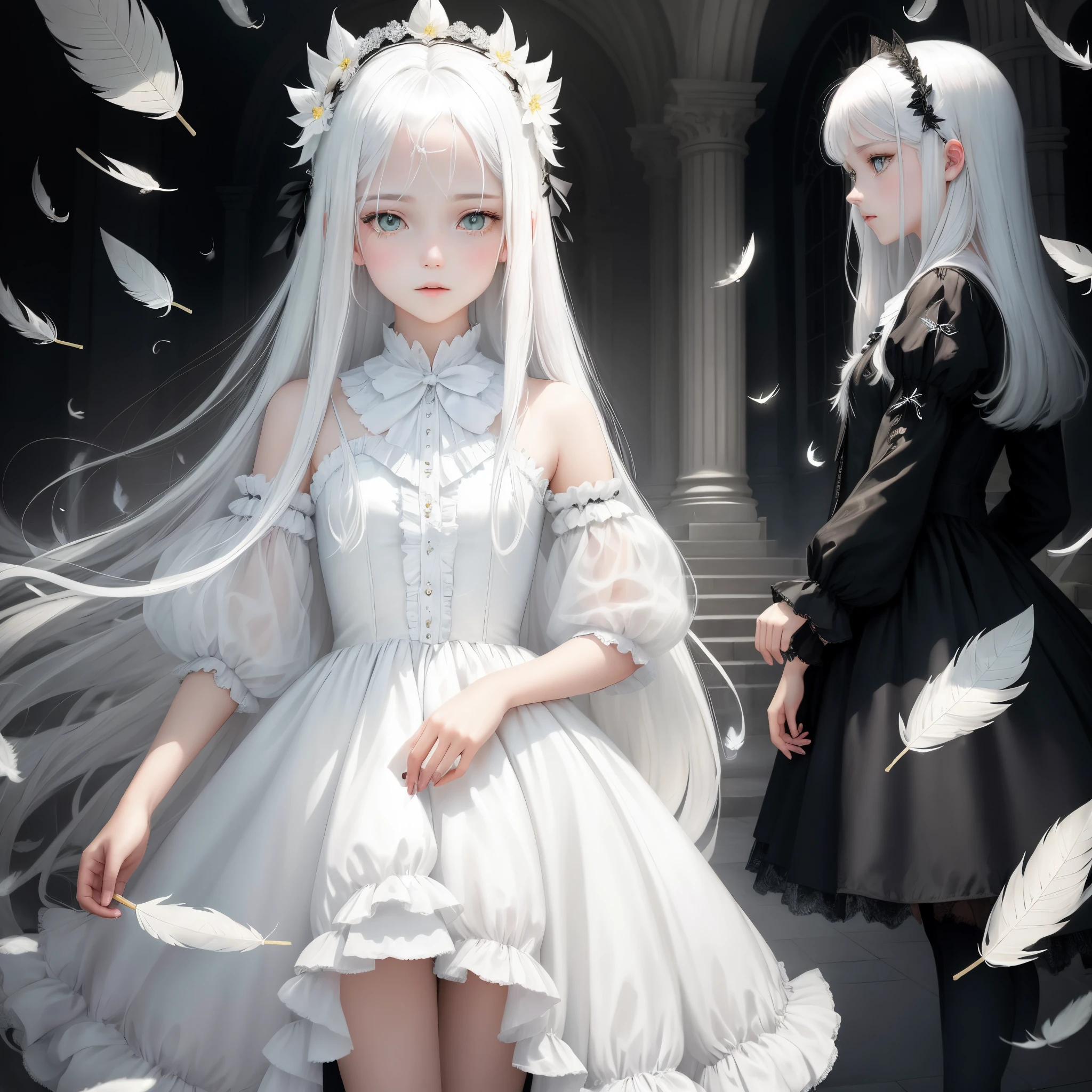 butterflys々Feathers of teens girl Fantasia portraitures long shiny white hair Please change the pose of the girl in the photo above to a moving one. Black dress