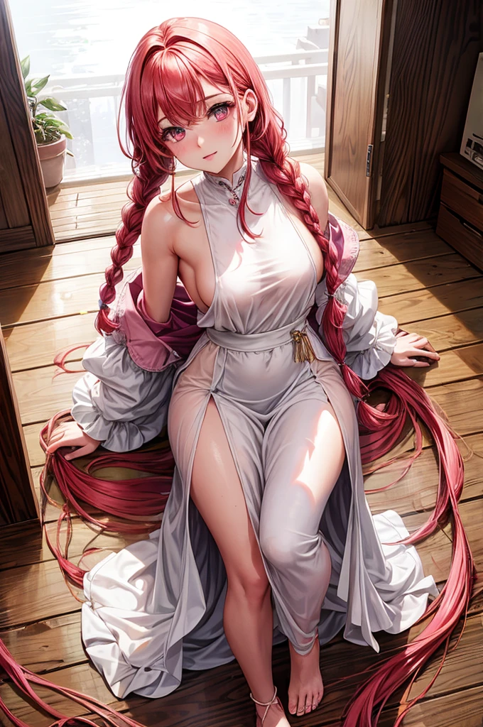 beautiful, beautiful clothes, pink eyes, redhair, braids, medium breasts, delicate, sensitive