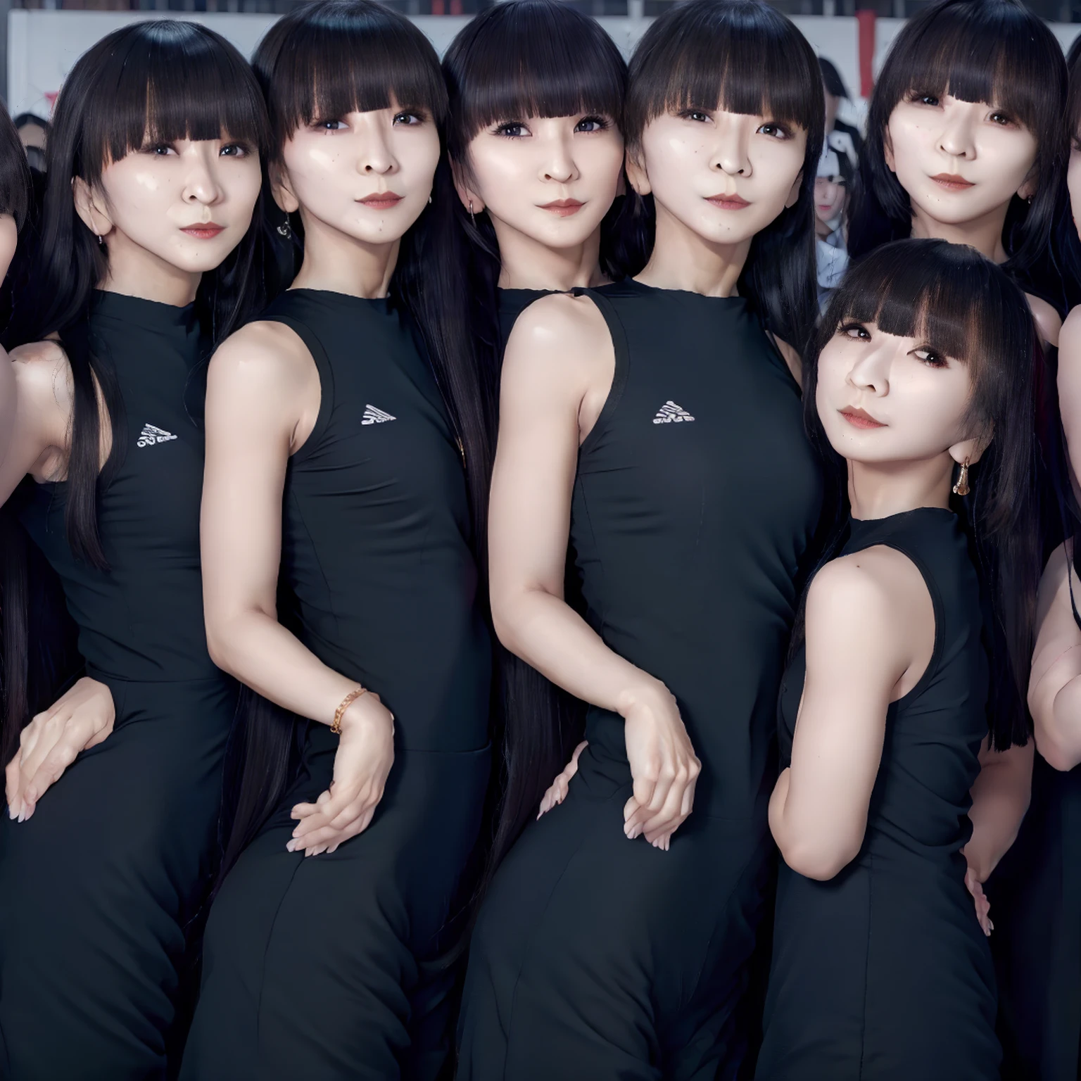 Raw photo、(((multiple girls))),((((6+girls)))),((((100girls)))),(((1000girls)))、((((100 Girls))))、Women only、The same face、matching school uniform、12 years old、Long black hair、100 cute girls going to school、a smile、Commuting to school、School route、In the street、(((Large group)))、a junior high school student、selfee、Everyday scenery