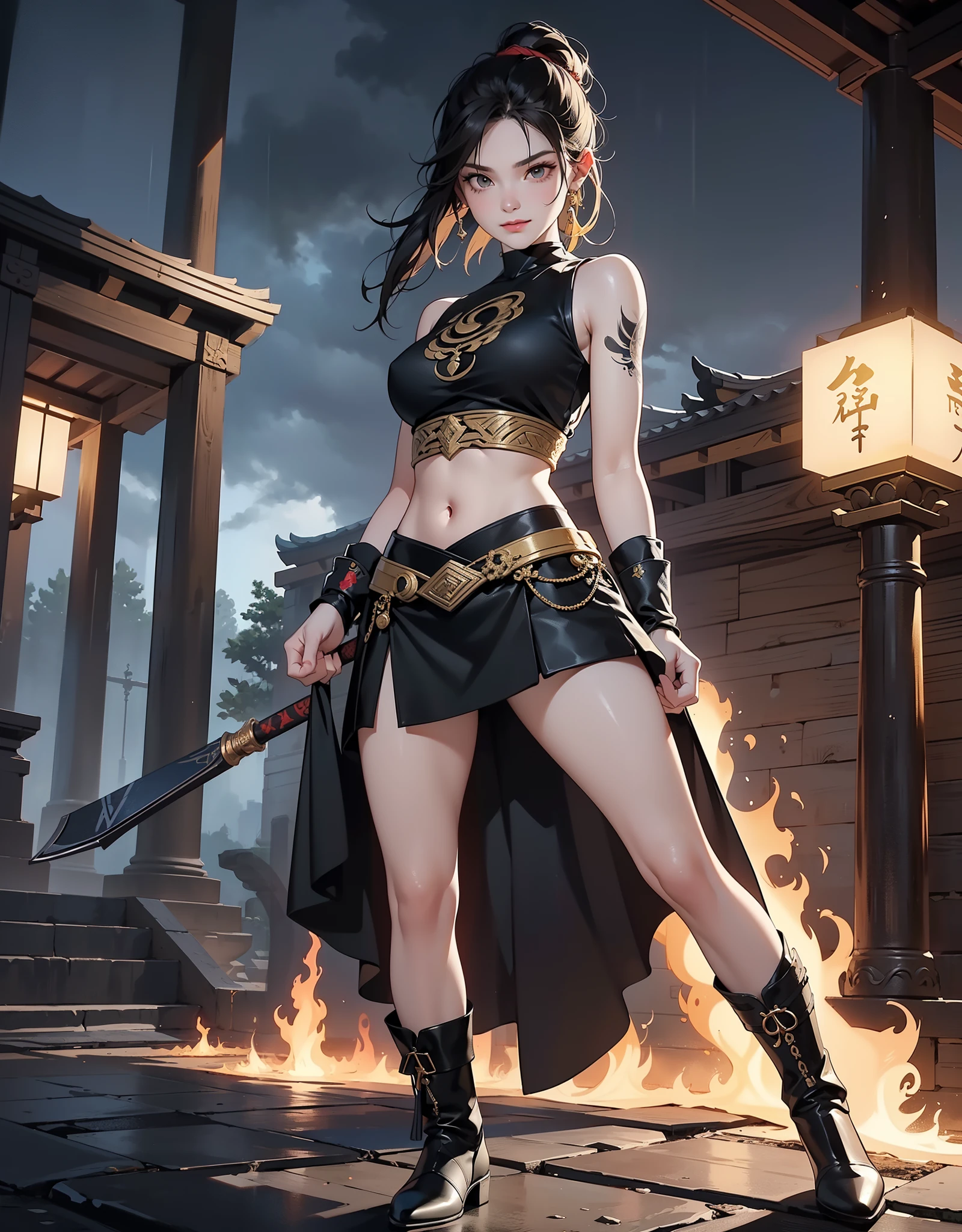 ""Embrace in maximum resolution of 16K, God of War style, emphasizing the imposing presence of a great Spartan warrior. | A fascinating 30-year-old woman appears with her extremely pale skin adorned with tribal tattoos. Dressed in a black T-shirt, black skirt, and an imposing golden armor with jewelry over the clothes, complemented by beautiful brown leather boots. Her penetrating yellow-eyed gaze meets directly with the viewer, while she offers an evil smile. | The scenery unfolds in an old temple during a rainy and intense night. Rocky structures, altars with old inscriptions and torches fixed on the floor illuminate the environment. The style reflects the grandeur and epic atmosphere of God of War, creating a captivating visual narrative. | Effects such as heavy rain, water-filtered light rays and projected shadows accentuate the dramaticness of the scene, providing a unique immersive experience. | Spartan warrior in an ancient temple, emanating power and mystery | The camera, positioned close to the character, reveals her entire body as she adopts a dynamic_pose, displaying a powerful and imposing stance in the ancient temple. | (perfect_pose), She  adopting a ((dynamic_pose as she stands tall, exuding strength and mystery):1.3), (hands_with_5_fingers), (perfect_hands), (perfect_fingers), (perfect_legetter_handull body)), More Detail”.  "| The camera, positioned close to the character, reveals her entire body as [Gender2] adopts a dynamic_pose, interacting with and leaning on a large structure in the scene in an exciting way. | (perfect_pose), [she]  adopting a ((dynamic_pose as interacts, boldly leaning on a large structure, leaning back in a dynamic way):1.3), (hands_with_5_fingers), (perfect_hands), (perfect_fingers), (perfect_legetter_handull body)), More Detail".