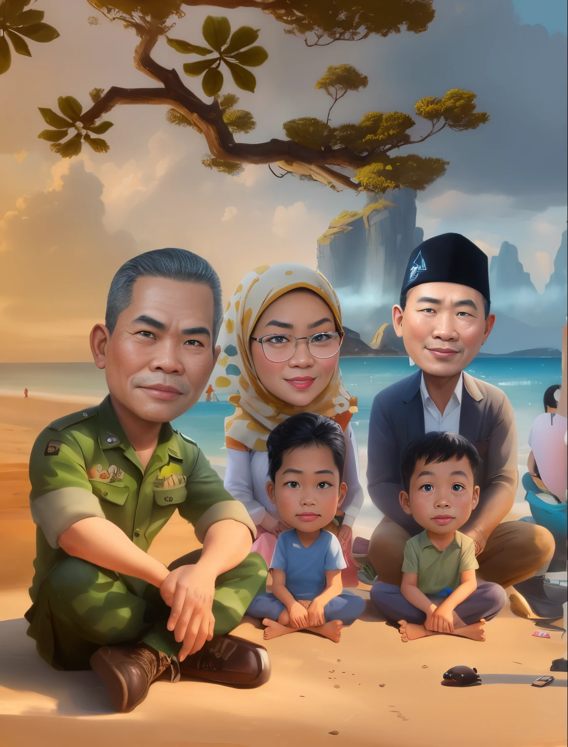 there are many people sitting on the beach together, cartoon digital painting, an indonesian mislim family portrait, background Beautiful seas and hills, in cartoon style, digital art cartoon, realism artstyle, cartoon artstyle, cartoon digital art, realistic cartoon, family, cartoon art, potrait, digital cartoon painting art, by Abidin Dino, caricature illustration, full protrait, cartoon art style, caricature style
