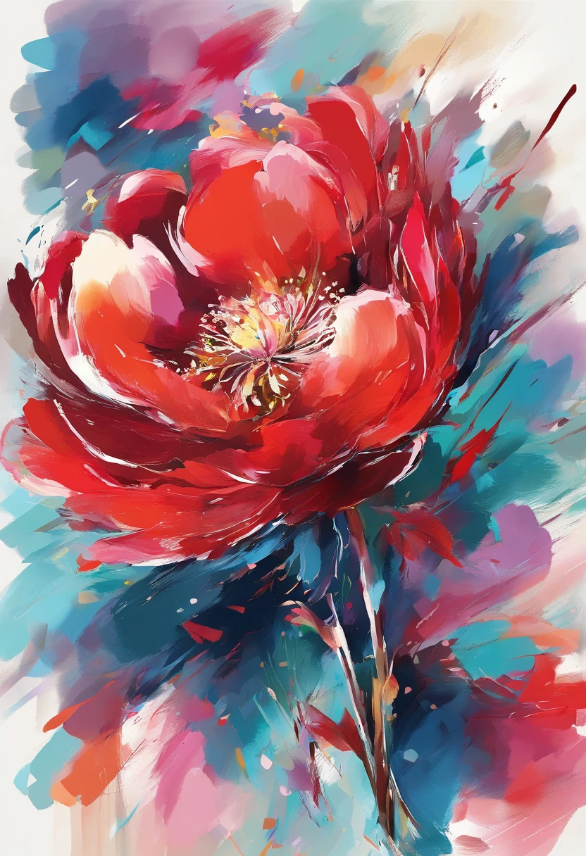 Draw an abstract painting of a single flower.,bright red peony flower、use acrylic paint、Abstract artist known for his unique use of acrylic pouring, real brush strokes,aesthetic composition,Minimal style, hali々Smooth brushstrokes、gorgeous shape、Bright red peonies symbolize pride and dignity.、express feelings of pride、Rich and powerful colors that are the main colors of the work.、Add moist compacted sand、Enhances the texture and tactile elements of your artwork, While staring at this image, oot、Interaction of color and texture、Proudly、Immerse yourself in an elegant atmosphere、full of pride、Dignified
