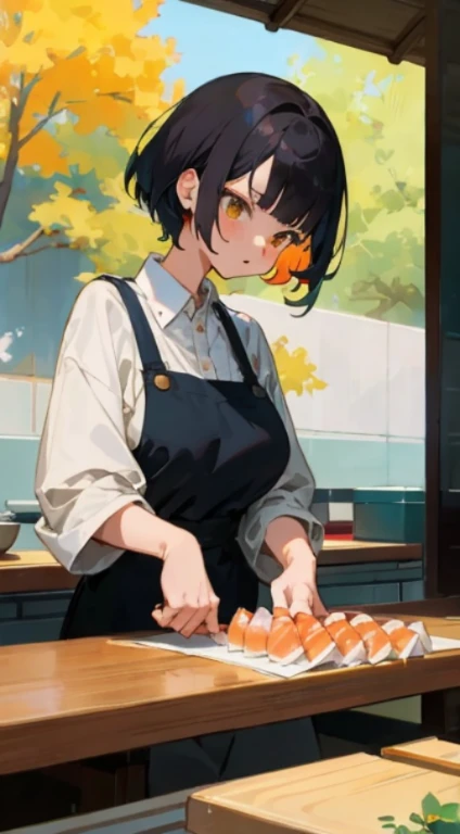 Extremely beautiful illustrations. A calico cat is aiming for raw sushi on the table. A beautiful girl was trying to take a picture of the cat from a distance with her smartphone. The beautiful girl's hair is short cut and black. She looks very serious. Anime style illustration., large breasts