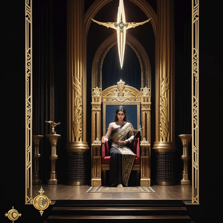 concept-art, game card, European pattern, Fine pattern, The No_Humanity, pillar, a throne, soloist, Pedras preciosas, tarot cards，hanging sword