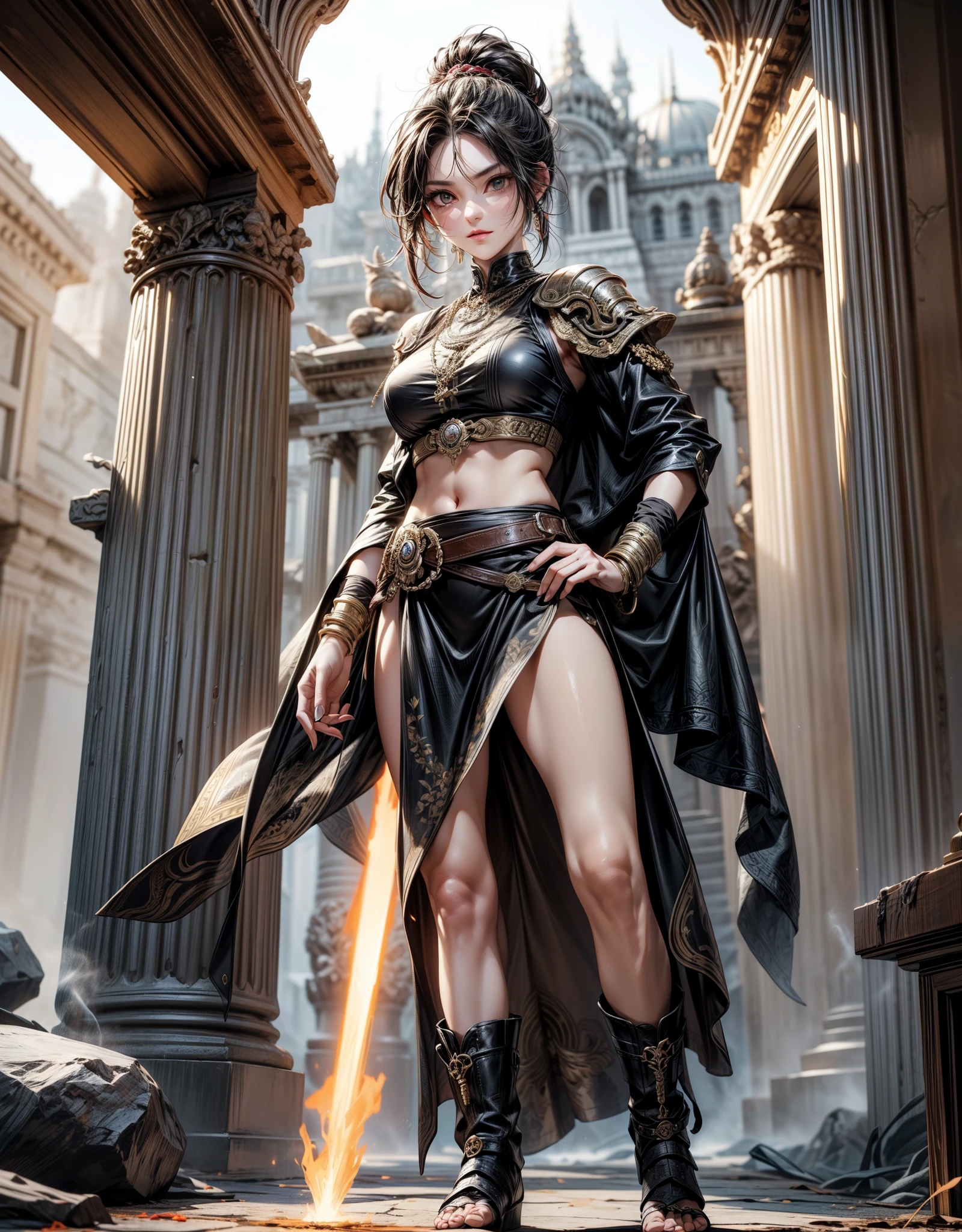 ""Embrace in maximum resolution of 16K, God of War style, emphasizing the imposing presence of a great Spartan warrior. | A fascinating 30-year-old woman appears with her extremely pale skin adorned with tribal tattoos. Dressed in a black T-shirt, black skirt, and an imposing golden armor with jewelry over the clothes, complemented by beautiful brown leather boots. Her penetrating yellow-eyed gaze meets directly with the viewer, while she offers an evil smile. | The scenery unfolds in an old temple during a rainy and intense night. Rocky structures, altars with old inscriptions and torches fixed on the floor illuminate the environment. The style reflects the grandeur and epic atmosphere of God of War, creating a captivating visual narrative. | Effects such as heavy rain, water-filtered light rays and projected shadows accentuate the dramaticness of the scene, providing a unique immersive experience. | Spartan warrior in an ancient temple, emanating power and mystery | The camera, positioned close to the character, reveals her entire body as she adopts a dynamic_pose, displaying a powerful and imposing stance in the ancient temple. | (perfect_pose), She  adopting a ((dynamic_pose as she stands tall, exuding strength and mystery):1.3), (hands_with_5_fingers), (perfect_hands), (perfect_fingers), (perfect_legetter_handull body)), More Detail”.  "| The camera, positioned close to the character, reveals her entire body as [Gender2] adopts a dynamic_pose, interacting with and leaning on a large structure in the scene in an exciting way. | (perfect_pose), [she]  adopting a ((dynamic_pose as interacts, boldly leaning on a large structure, leaning back in a dynamic way):1.3), (hands_with_5_fingers), (perfect_hands), (perfect_fingers), (perfect_legetter_handull body)), More Detail".