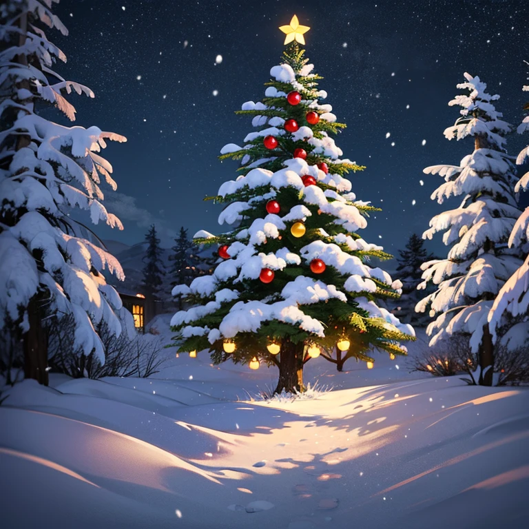 in woods, A night wrapped in warm light,  Snow flutters,  flowers and presents, Christmas tree