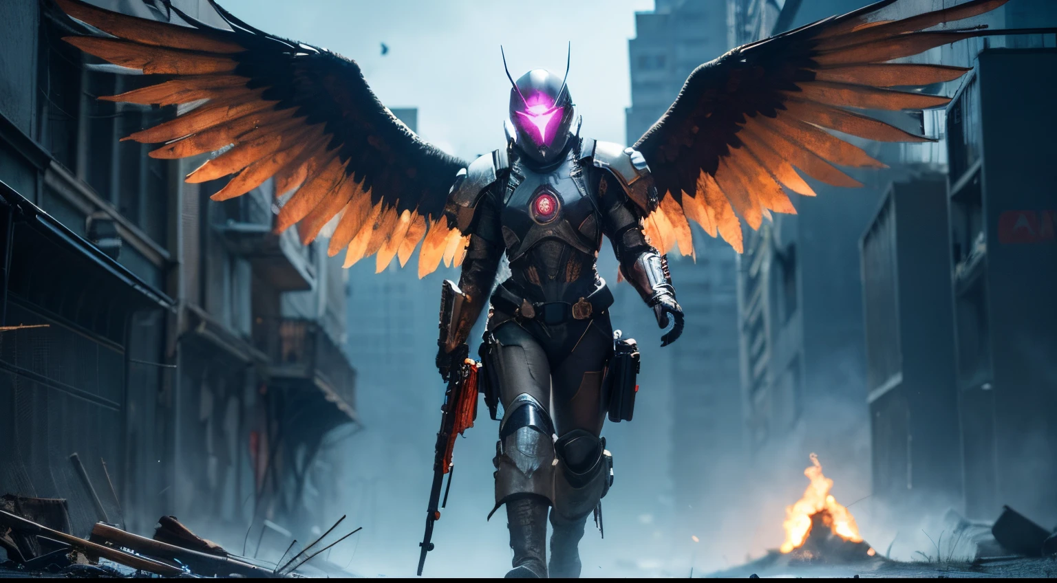 Cosmic cyberpunk fallen angel in neon mecha armor, inferno, funken, flamme, Flammenschwert, leuchtende Lichtaugen, Biomechanisch, unheimlich, gruselig, albtraumhaft, Sehr knallige Neonfarben, Lichtteilchen, cyberpunk, mit leuchtendem Licht, , Rauchpilz, Gewinner des besten Fotos des Jahres, Die Welt in Flammen, Post-apocalyptic hellscape military photography, Foto-Epos des Jahres, Feuer am Horizont, Epische Filmaufnahme, Reinform, Komplizierte Details, 8K-Postproduktion, high resolution, Super detailliert, Auf ArtStation im Trend, Scharfer Fokus, Studio-Fotos, Komplizierte Details, sehr detailliert, von Greg Rutkowski, Mshiff, wallpaper art, UHD-Hintergrundbild, tilted head