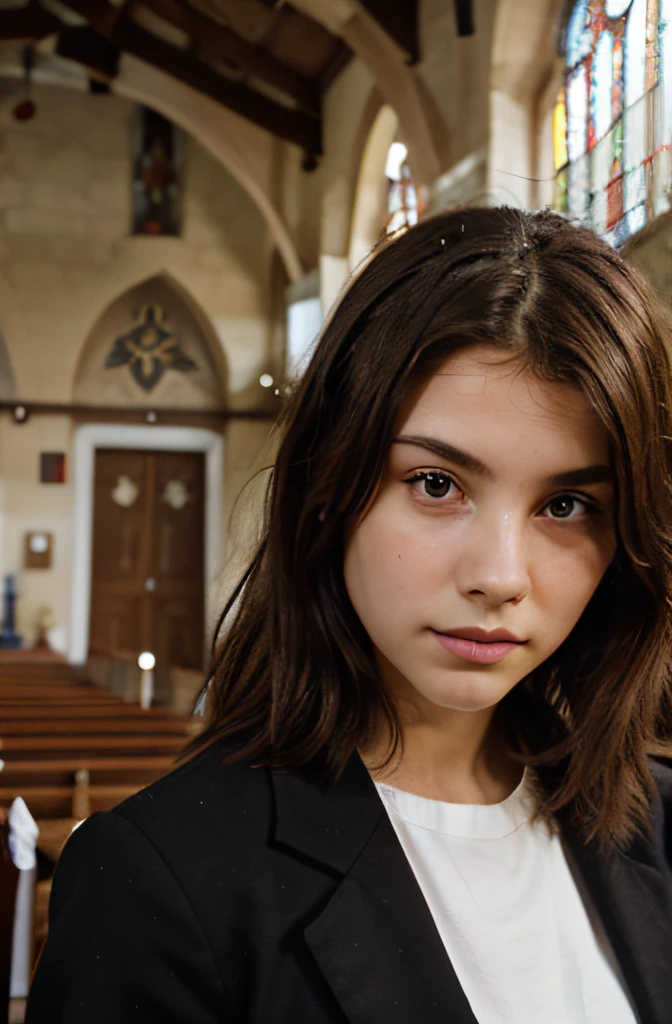 Lucy photography of a 20yo woman, perfect face, going to church