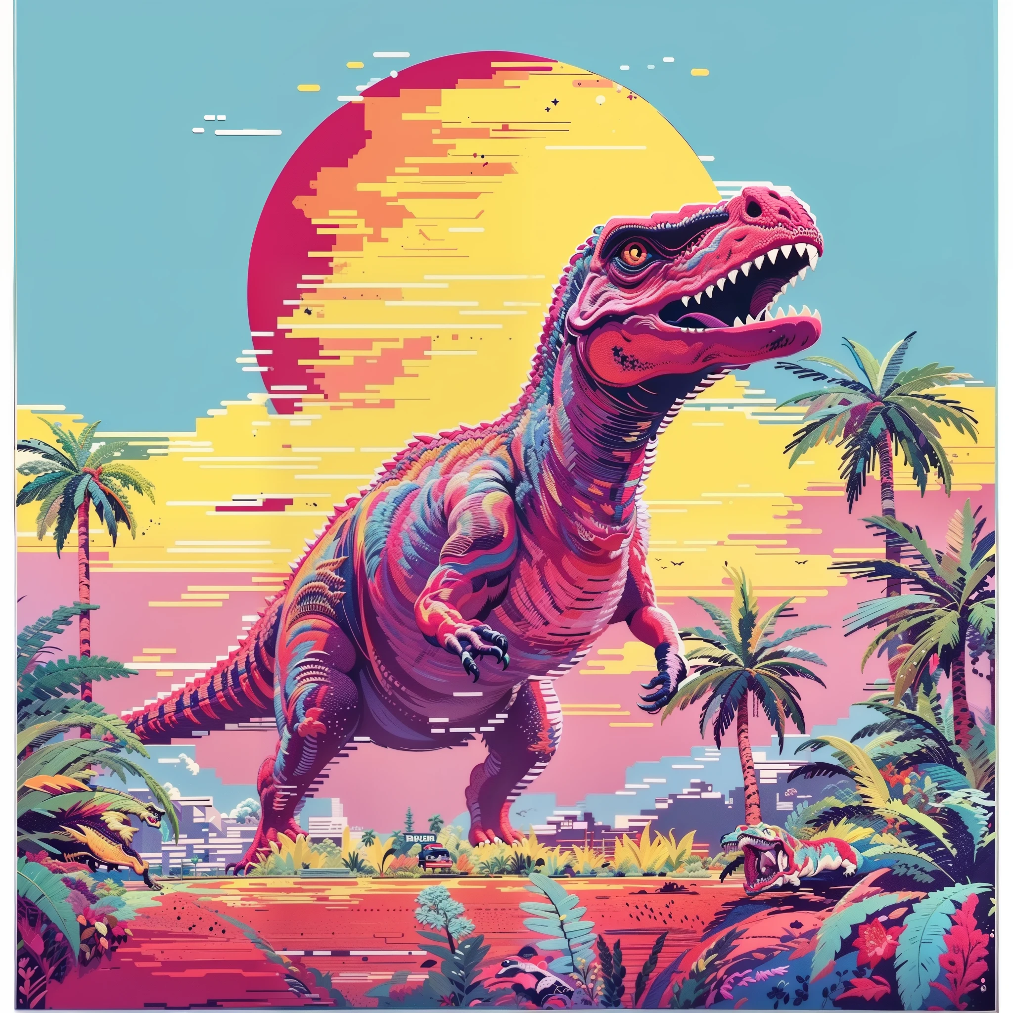ultra realistic full embroidery tyrannosaurus rex embroidery art um close de um dinossauro em um campo com palmeiras, dinossauro pixel art, Dinossauro Trex, Jurassic image, arte detalhada do pixel, Jen Bartel, Tiranossauro rex, retro art, Trex, Dino cromado, Altamente detalhado Hyper Real Retro, pintura digital altamente detalhada, estilo de arte outrun, Epic retrowave art, cores altamente detalhadas, t - rex
