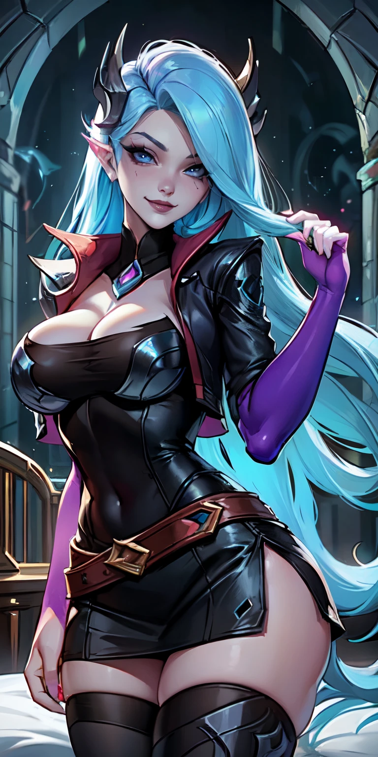 Masterpiece, 8k, art style by sciamano240, very detailed face, detailed clothes, detailed fabric, 1 girl, ( Death sworn Katarina (league of legends 1.1)) beautiful face, asymmetrical long hair, blue hair, belt, exposed navel, black stockings, very detailed blue eyes, open leather jacket, leather mini skirt, cute smirk, posing facing camera, looking at viewer, bed room, night, full view, cowboy shot,
