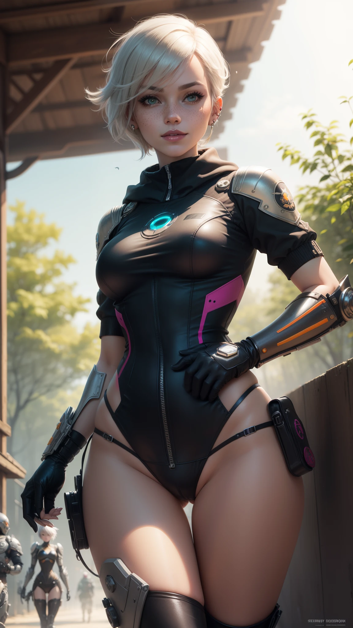 gwen tennyson,yorha 2b,tracer,rebecca chambers,overwatch,nier automata, close up,bamboo forest,tattoos,orange plugsuit,short sleeve pilot top,short sleeve cyborg pilot jacket,white and orange lycra tight skirt,mech pilot leather corset,short hair,punk makeup,green eyes,multicolored silver punk hair,sexy smile,freckles,beautiful girl,thigh high boots,large breasts,8k,ultra detailed,realistic,fantasy art,steel armor,cyborg armor,d.va uniform,pilot uniform,winter scarf,hair pin,ear piercings,japanese shrines,goth hand and neck jewelry,walking,(weather:leaves falling),arc reactor,1girl,striped panties,