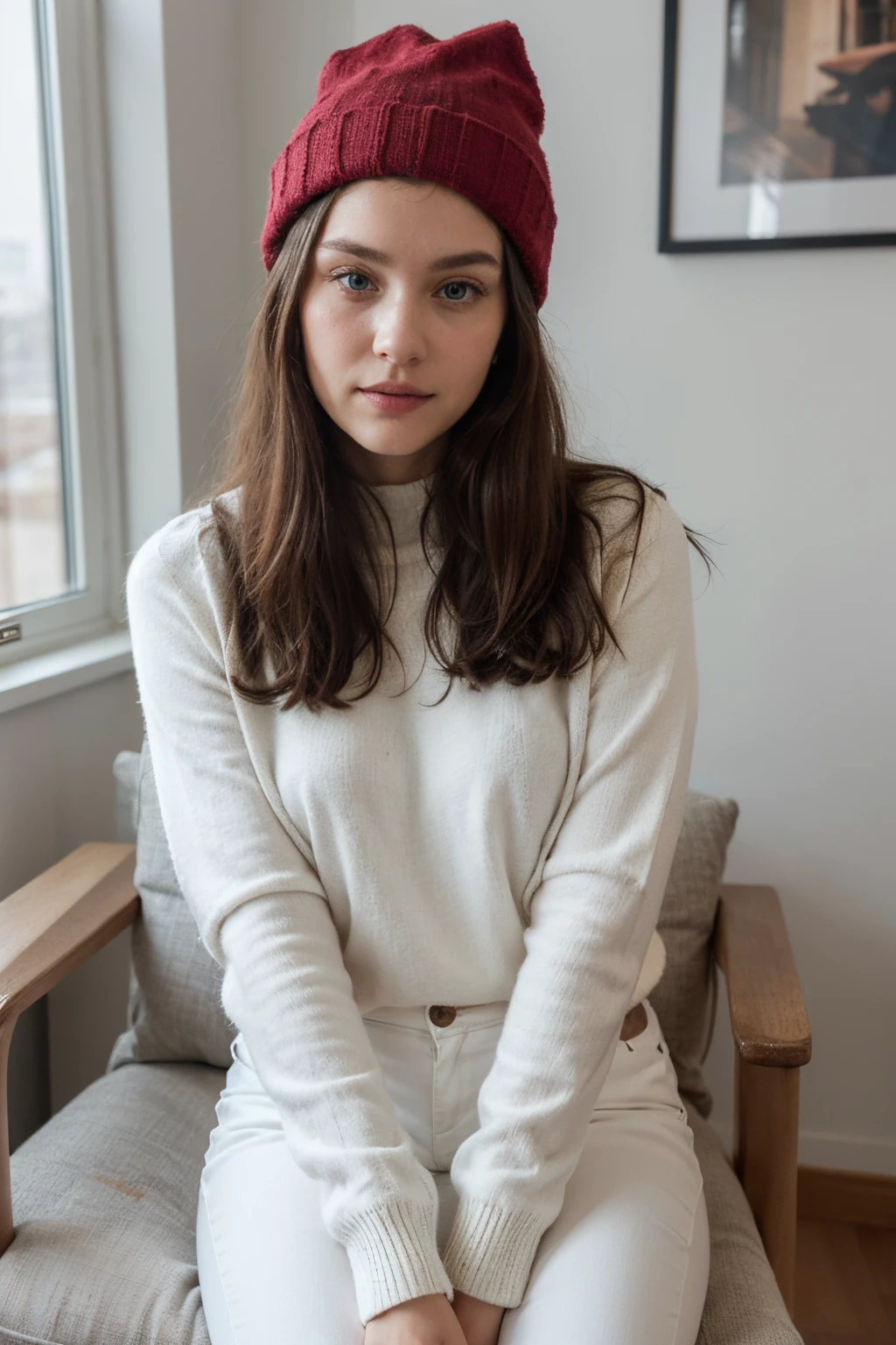 ((best quality)), ((masterpiece)), (detailed), perfect face ((best quality)), ((masterpiece)), (detailed), perfect face A 26-year-old woman with black hair, medium-blue eyes resembling those of Europeans, and medium lips. She elegantly dressed in a beautiful black sweater with a red winter hat. Additionally, she wears white pants, sitting in a chair in her home